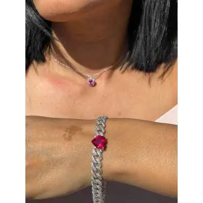 Bracciale in Argento 925 con Pietra a Forma di Cuore Rosso e Zirconi
