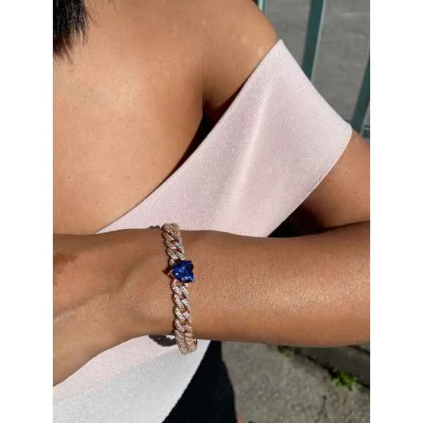 Bracciale in Argento 925 con Finitura in Oro Rosa e Cuore di Pietra Blu
