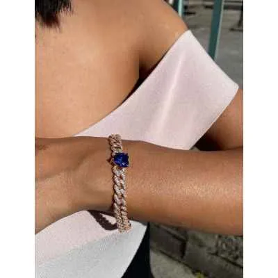 Bracciale in Argento 925 con Finitura in Oro Rosa e Cuore di Pietra Blu