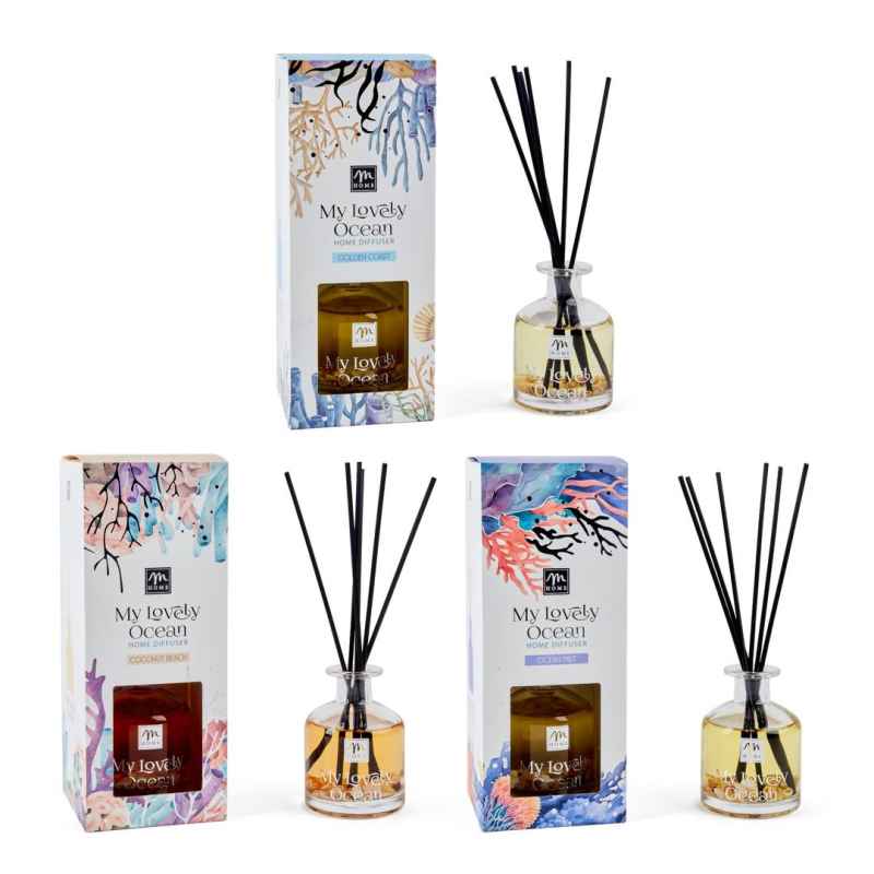 Diffuseur d'essence avec Sea Bacchetti 230ml Parfums assortis : Côte d'or, Ocean Mist, Coconut Beach Diffuseur d'essence avec Sea Bacchetti 230ml Parfums assortis : Côte d'or, Ocean Mist, Coconut Beach