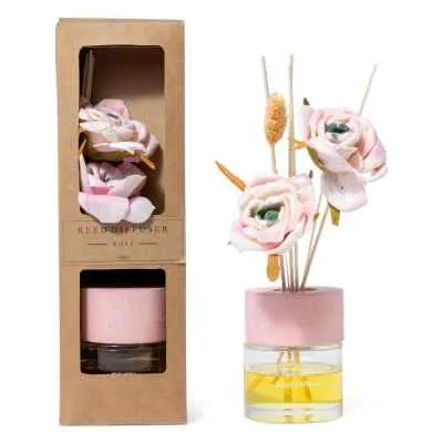Profumo Ambiente Rosa 100 ml con Diffusore a Bastoncini e Fiori Decorativi