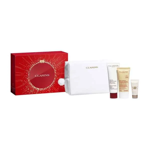 Clarins Radiance Care Set – Beauty Flash Balm 50 ml + Foaming Cleanser 30 ml + SOS Primer White 10 ml + Pouch
