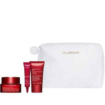 Clarins Super Restorative Set – Day Cream 50 ml + Night Cream 15 ml + Eye Lift 7 ml + Double Serum Sample + Pouch