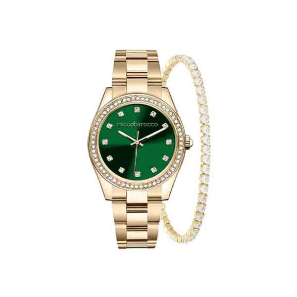 Set Orologio Roccobarocco Donna Gold con Quadrante Verde + Bracciale Tennis Zirconi