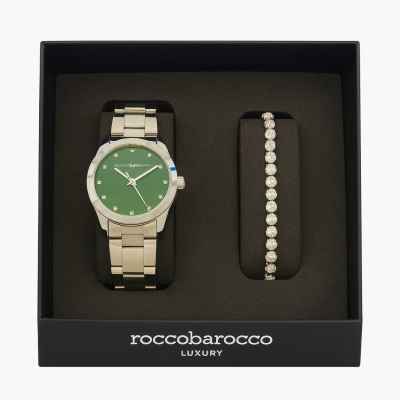 Set Roccobarocco Donna Silver – Orologio Acciaio con Quadrante Verde + Bracciale Tennis Zirconi