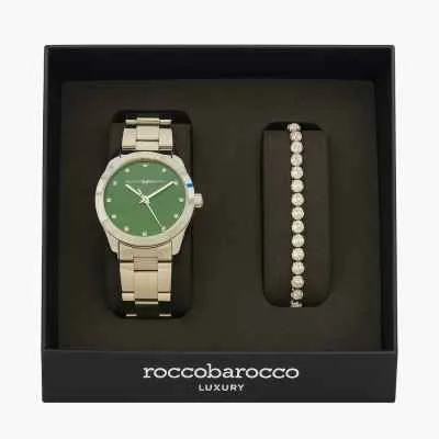 Set Roccobarocco Donna Silver – Orologio Acciaio con Quadrante Verde + Bracciale Tennis Zirconi