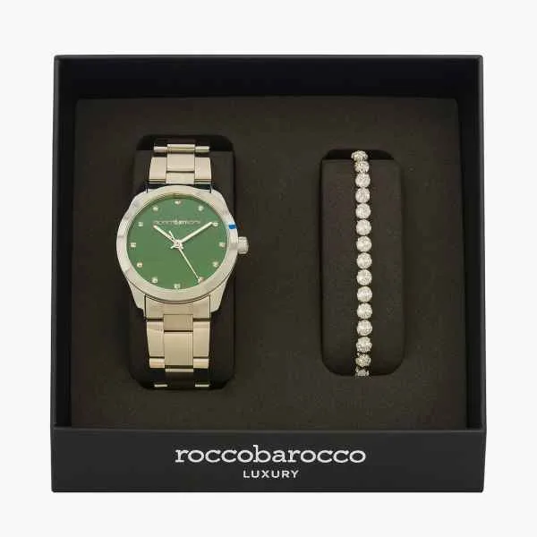 Set Roccobarocco Donna Silver – Orologio Acciaio con Quadrante Verde + Bracciale Tennis Zirconi