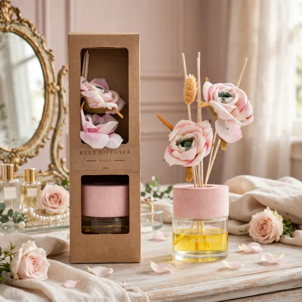 Profumo Ambiente Rosa 100 ml con Diffusore a Bastoncini e Fiori Decorativi