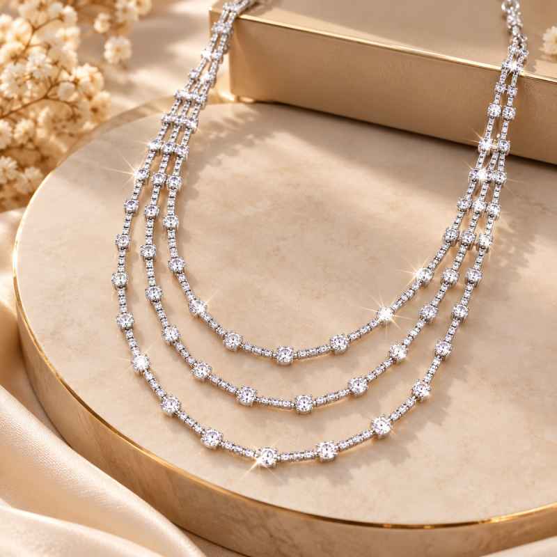 Collana Donna a Tre Fili in Argento 925 con Pietre Scintillanti Collana Donna a Tre Fili in Argento 925 con Pietre Scintillanti