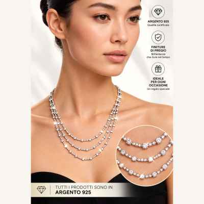 Collana Donna a Tre Fili in Argento 925 con Pietre Scintillanti