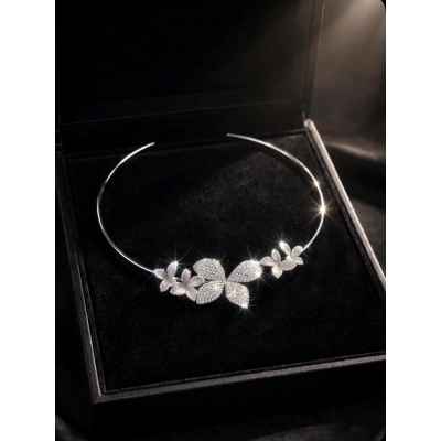Collana Donna Rigida Floreale in Argento 925 con Farfalla e Fiori Scintillanti