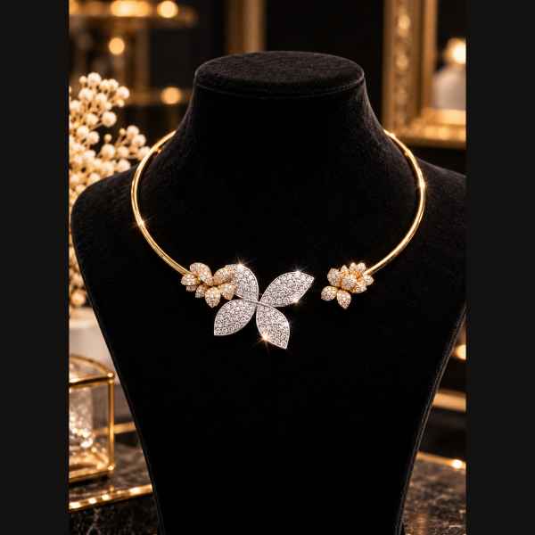 Collana Rigida Donna in Argento 925 Dorato con Farfalla e Fiori Scintillanti