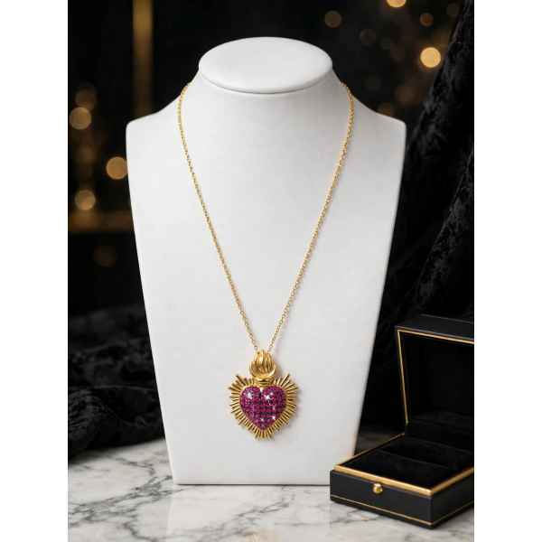 Collana Donna Cuore Sacro Viola in Argento 925 Dorato con Pietre Scintillanti