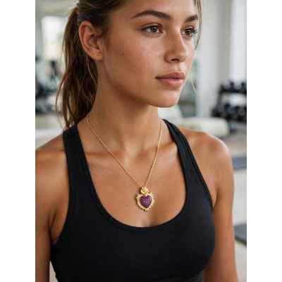 Collana Donna Cuore Sacro Viola in Argento 925 Dorato con Pietre Scintillanti