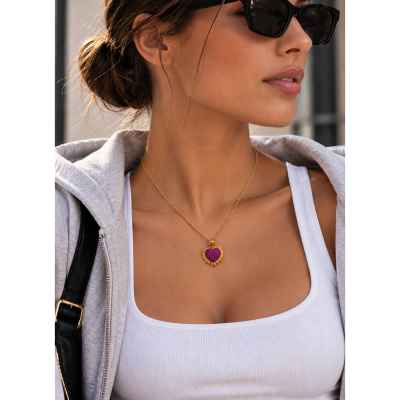 Collana Donna Cuore Sacro Viola in Argento 925 Dorato – 1,5 cm