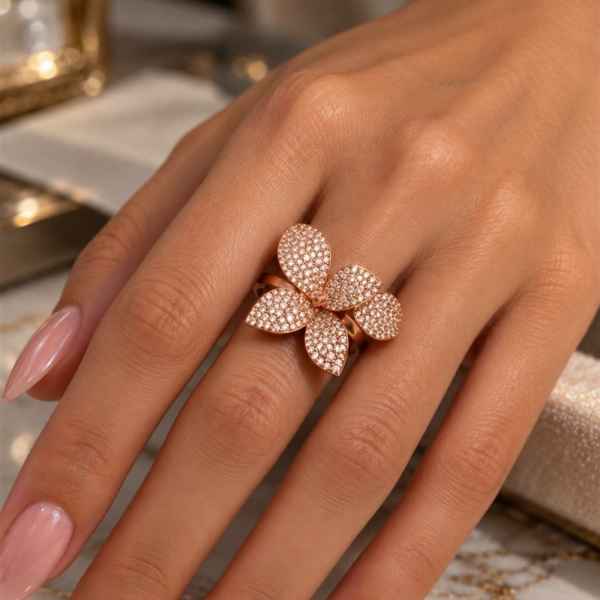 Anello Donna Fiore in Argento 925 Rosé con Pietre Bianche – Regolabile