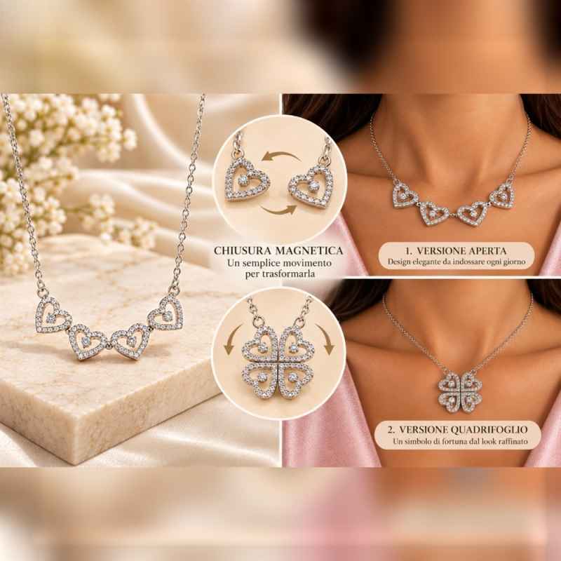 Collana Donna Quadrifoglio Magnetico in Argento 925 con Pietre Bianche Collana Donna Quadrifoglio Magnetico in Argento 925 con Pietre Bianche