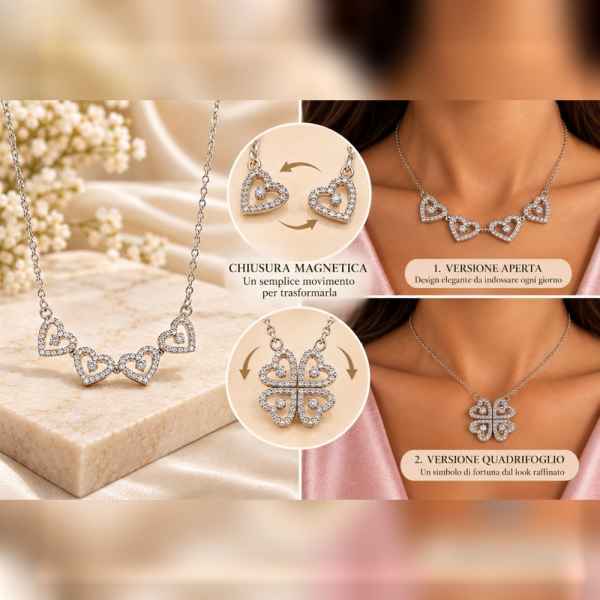 Collana Donna Quadrifoglio Magnetico in Argento 925 con Pietre Bianche