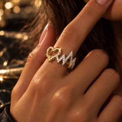 Anello Donna Cuore e Battito in Argento 925 Bicolore con Pietre Bianche