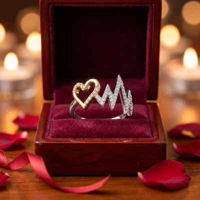 Anello Donna Cuore e Battito in Argento 925 Bicolore con Pietre Bianche Anello Donna Cuore e Battito in Argento 925 Bicolore con Pietre Bianche