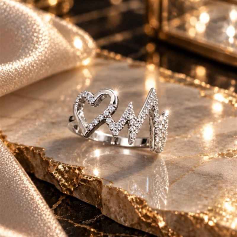 Anello Donna Cuore e Battito in Argento 925 con Pietre Bianche