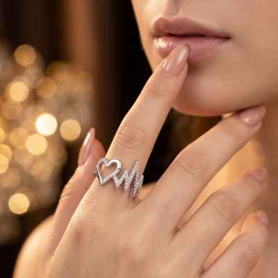 Anello Donna Cuore e Battito in Argento 925 con Pietre Bianche