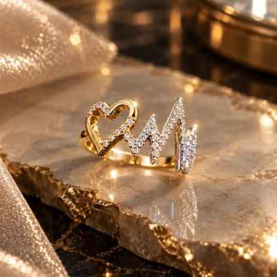 Anello Donna Cuore e Battito in Argento 925 Dorato con Pietre Bianche