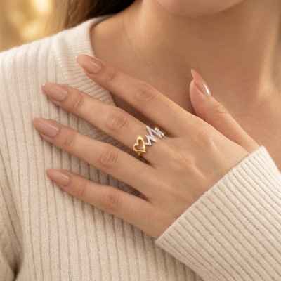 Anello Donna Cuore e Battito in Argento 925 Dorato con Pietre Bianche