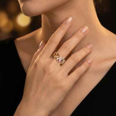 Anello Donna Cuore e Battito Regolabile in Argento 925 Dorato con Pietre Bianche
