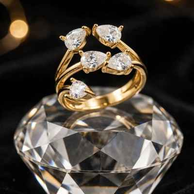 Anello Donna Cinque Gocce in Argento 925 Dorato con Pietre Bianche