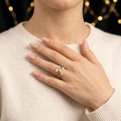 Anello Donna Cinque Gocce in Argento 925 Dorato con Pietre Bianche