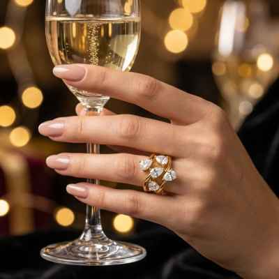 Anello Donna Cinque Gocce Regolabile in Argento 925 Dorato con Pietre Bianche
