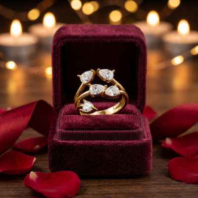Anello Donna Cinque Gocce Regolabile in Argento 925 Dorato con Pietre Bianche