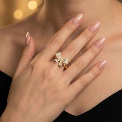 Anello Fiocco Oro Regolabile in Argento 925 con Zirconi