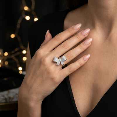Anello Fiocco Regolabile in Argento 925 con Zirconi
