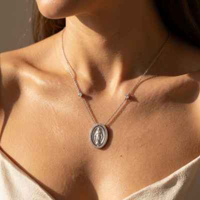 Collana Donna Madonna Miracolosa Reversibile in Argento 925 con Zirconi