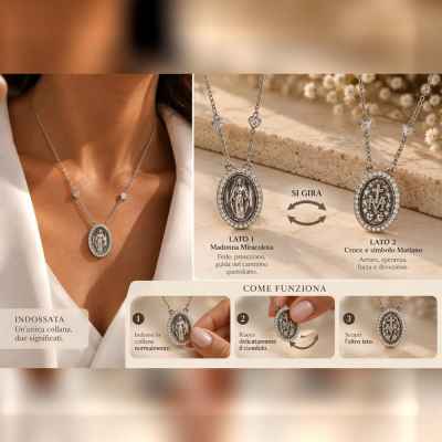 Collana Donna Madonna Miracolosa Reversibile in Argento 925 con Zirconi