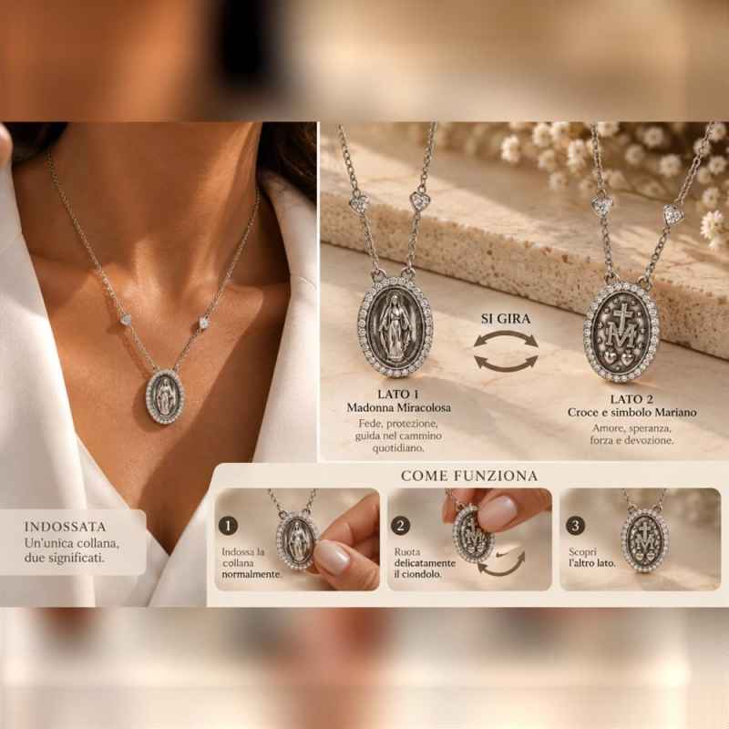 Collana Donna Madonna Miracolosa Reversibile in Argento 925 con Zirconi
